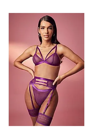 Boohoo Mesh Strapping Bralet Thong and Suspender Set