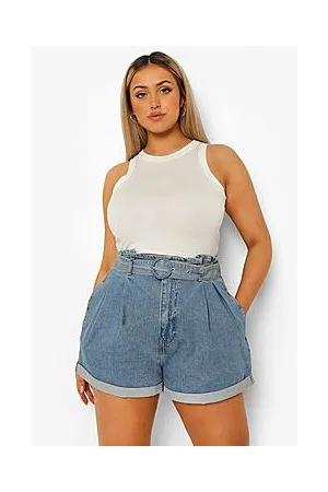 Boohoo Plus Belted Paper Bag Denim Shorts