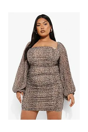Boohoo Plus Leopard Ruched Chiffon Mini Dress