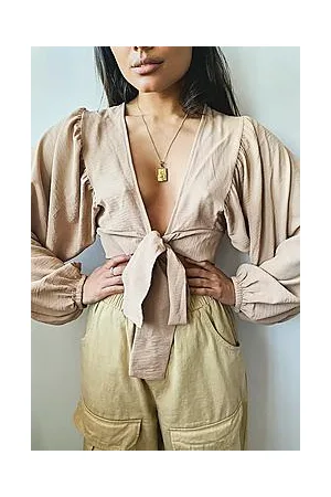 Boohoo Woven Tie Front Oversized Sleeve Crop Top