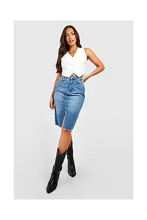 Boohoo Tall Split Front Denim Midi Skirt