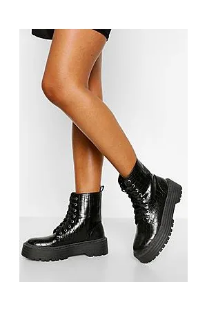 Boohoo Croc Lace Up Chunky Hiker Boots