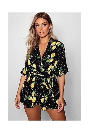 Boohoo Plus Lemon Polka Dot Wrap Ruffle Playsuit