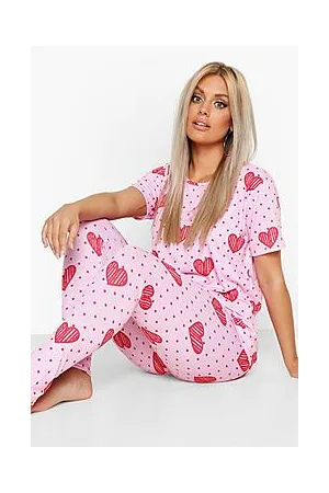 Boohoo Plus Polka Dot Heart Print T Shirt & Trousers Pyjama Set