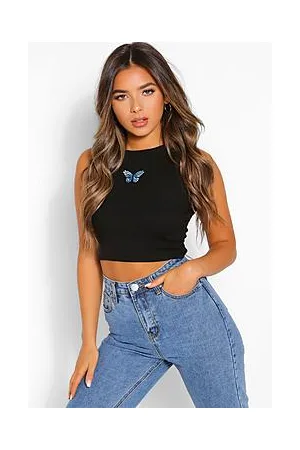Boohoo Petite Butterfly Motif Rib Crop Top