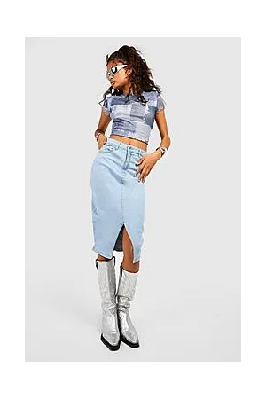 Boohoo High Waisted Split Front Denim Midi Skirt
