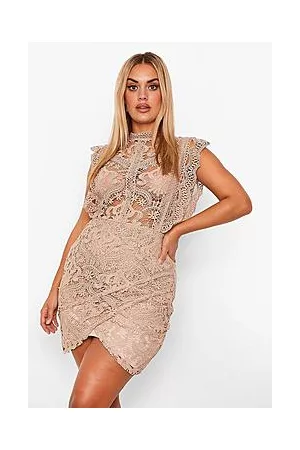 Boohoo Plus Lace High Neck Ruffle Wrap Dress