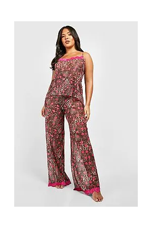 Boohoo Plus Leopard Print Polka Dot Lace Trim Cami Top & Trousers Pyjama Set