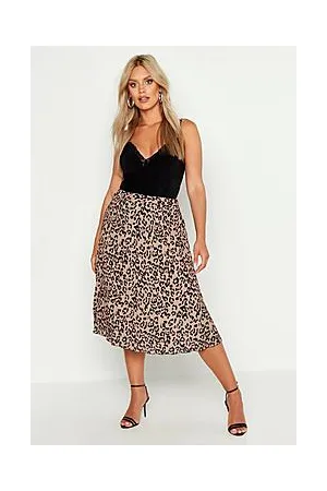 Boohoo Plus Leopard Print Pleated Midi Skirt