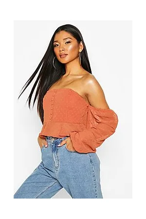 Boohoo Dobby Spot Off Shoulder Long Sleeve Crop Top