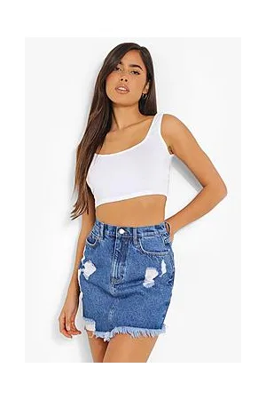 Boohoo Asymmetric Distressed Denim Mini Skirt