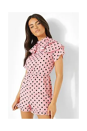 Boohoo Polka Dot High Neck Ruffle Playsuit