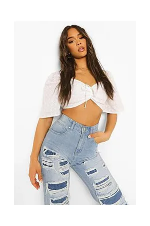 Boohoo Broderie Ruched Angel Sleeve Crop Top