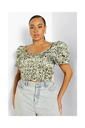 Boohoo Plus Leopard Satin Puff Sleeve Crop Top