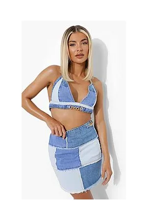 Boohoo Patchwork Denim Mini Skirt With Chain