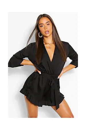 Boohoo Wrap Belted Woven Ruffle Playsuit
