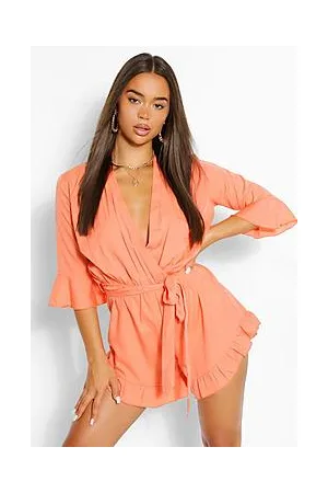 Boohoo Wrap Belted Woven Ruffle Playsuit