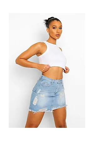 Boohoo Asymmetric Distressed Denim Mini Skirt