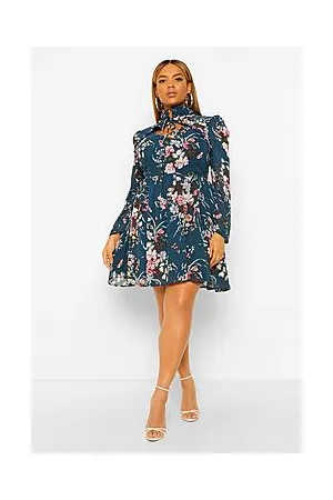 Boohoo Plus Floral High Neck Cut Out Skater Dress