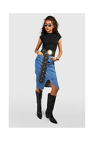 Boohoo High Waisted Split Front Denim Midi Skirt