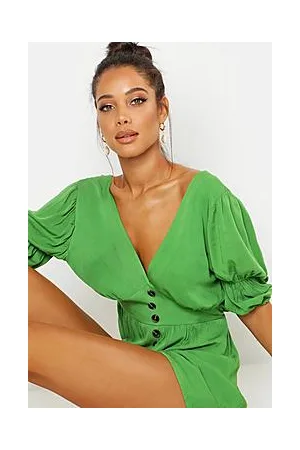 Boohoo Puff Sleeve Button Front Playsuit