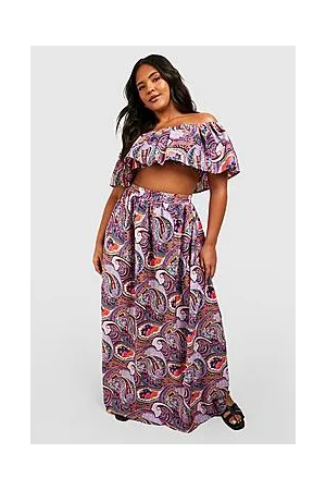 Boohoo Plus Paisley Ruffle Bardot Top And Maxi Skirt