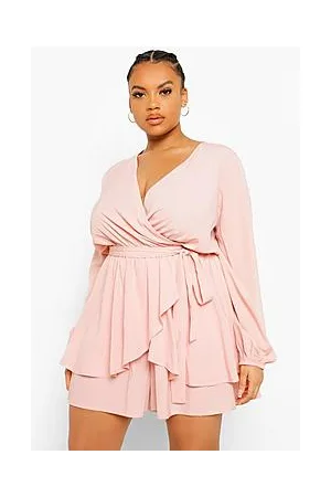 Boohoo Plus Wrap Front Frill Long Sleeve Playsuit