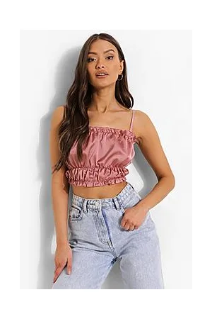 Boohoo Strappy Satin Ruched Waist Crop Top