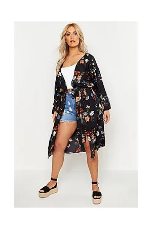 Boohoo Plus Floral Tie Waist Kimono