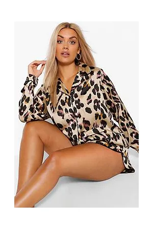 Boohoo Plus Leopard Print Long Sleeve Shirt and Shorts Pyjama Set