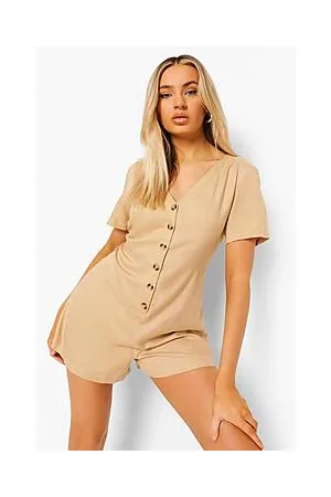 Boohoo V Neck Button Down Linen Smock Playsuit