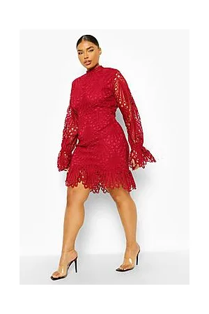 Boohoo Plus Lace High Neck Ruffle Mini Dress
