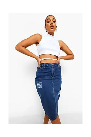 Boohoo Distressed Denim Midi Skirt