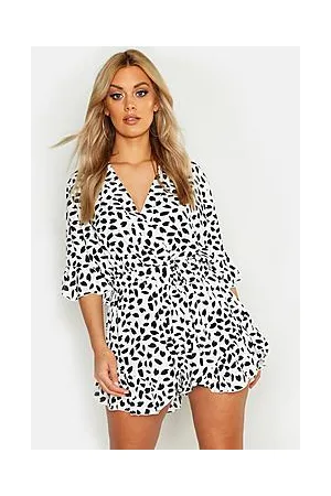 Boohoo Plus Wrap Ruffle Smudge Print Playsuit