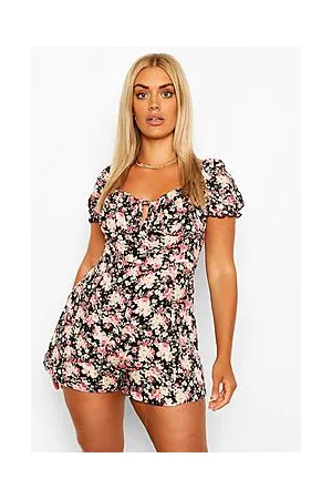 Boohoo Plus Floral Print Ruched Sweetheart Playsuit