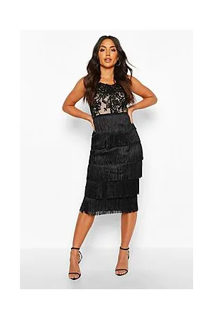 Boohoo Sequin Lace Tassel Detail Midi Party Dress