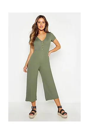 Boohoo Petite Rib Mock Horn Button Culotte Jumpsuit