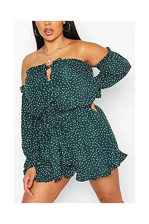 Boohoo Plus Polka Dot Bardot Ruffle Playsuit