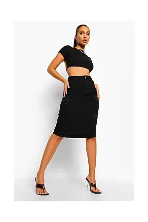 Boohoo Distressed Denim Midi Skirt