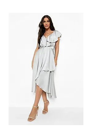 Boohoo Satin Ruffle Wrap Detail Skater Dress