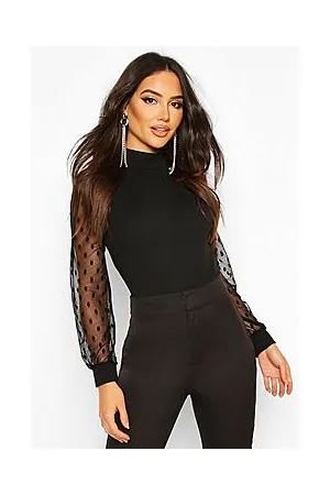 Boohoo Polka Dot Mesh Sleeve High Neck Bodysuit