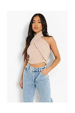 Boohoo Petite Linen Look Cross Front Halter Top
