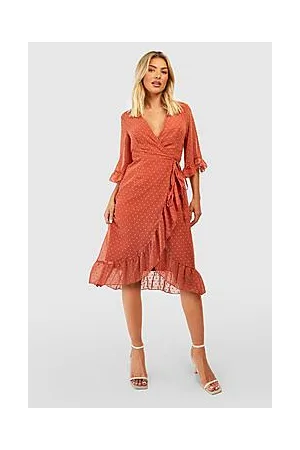 Boohoo Dobby Chiffon Wide Sleeve Midi Wrap Dress