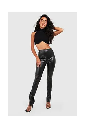Boohoo High Waisted Leather Look Split Hem Leggings