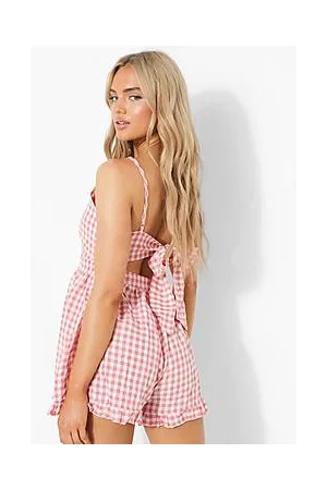 Boohoo Gingham Tie Back Frill Playsuit