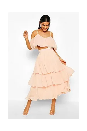 Boohoo Chiffon Shoulder Top & Ruffle Midi Skirt Co-ord Set