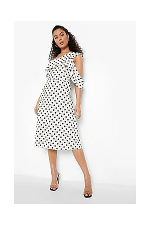 Boohoo Polka Dot Asymmetric Midi Skater Dress