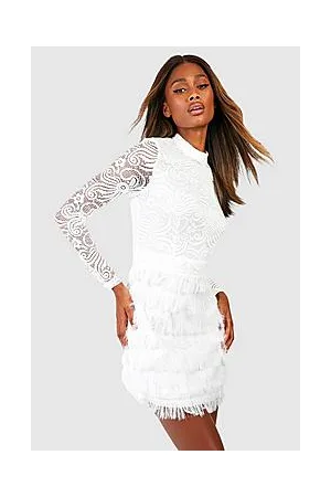 Boohoo Lace Fringe High Neck Mini Party Dress