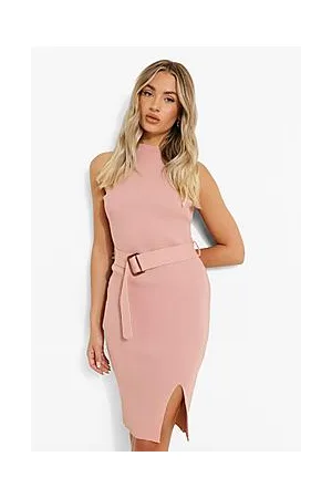 Boohoo Rib Knit Belted Crew Neck Sleeveless Dress