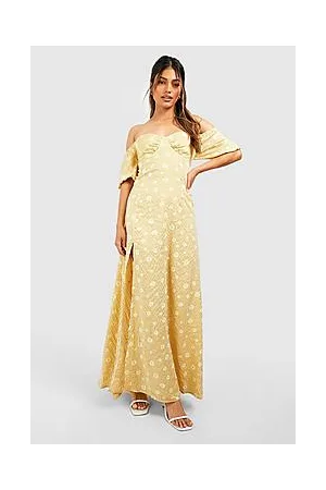 Boohoo Gingham Daisy Puff Sleeve Bardot Maxi Dress